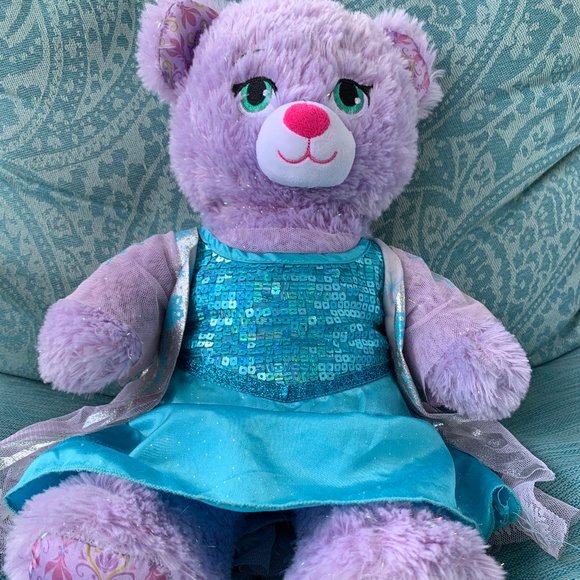 Build A Bear Lavender Plush Bear with BLue Dress - Picture 1 of 2